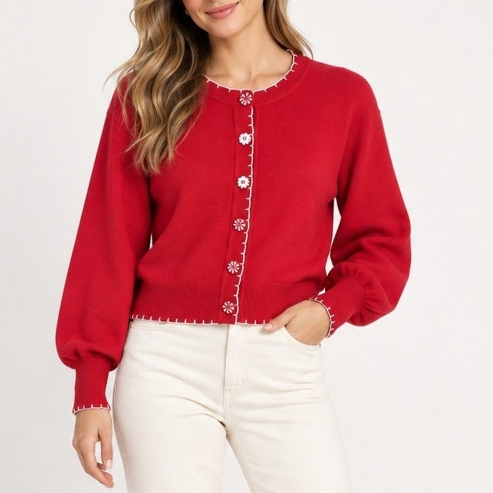 Red Embroidered Cardigan Sweater Women Small Balloon Sleeve Holiday Coquette